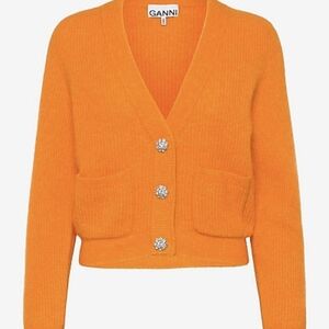 GANNI Orange Alpaca Blend Rhinestone Knit Cardigan Size M
